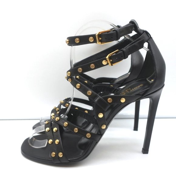 SAINT LAURENT STUDDED SANDALS JERRY BLACK LEATHER SIZE 39 STRAPPY HEELS NEW - Picture 6 of 12